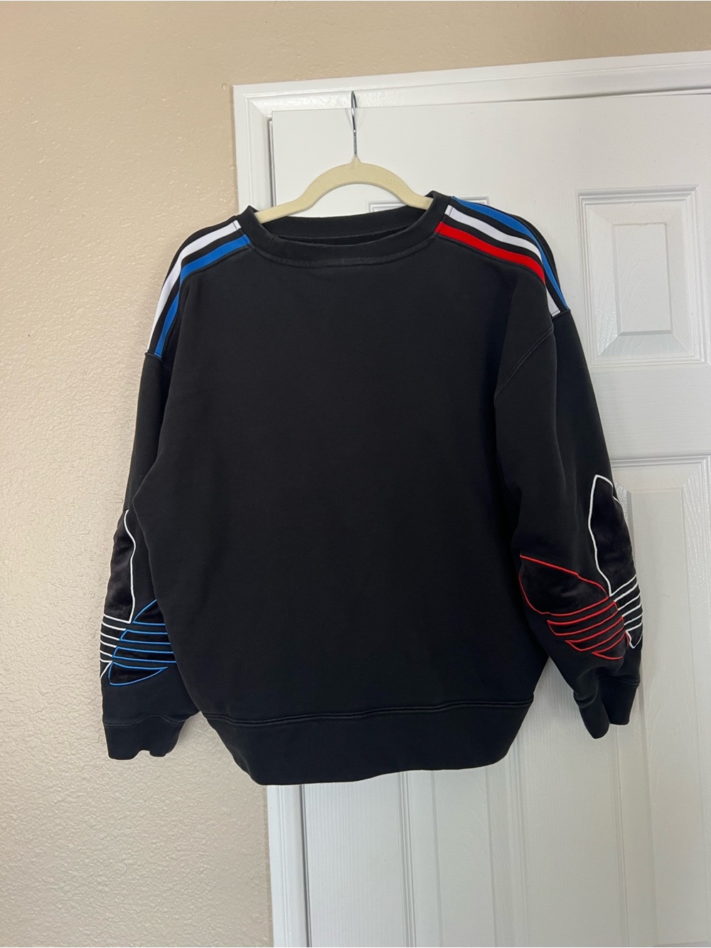 adidas women’s Black Crewneck Sweatshirt with Red & Blue Trim - Picture 3 of 3